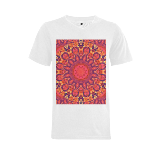 Sunburst, Abstract Peach Cream Orange Star Quilt Men's V-Neck T-shirt  Big Size(USA Size) (Model T10)