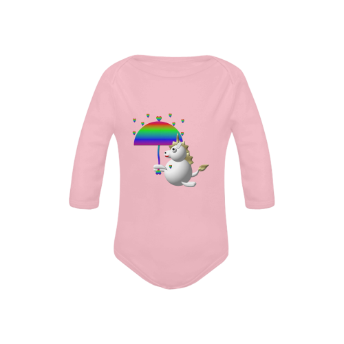 Cute Critters With Heart: Unicorn and Umbrella - Pink Baby Powder Organic Long Sleeve One Piece (Model T27)