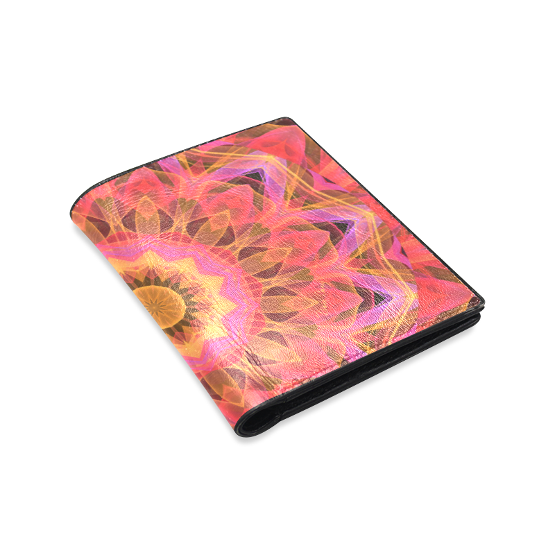 Abstract Peach Violet Mandala Ribbon Candy Lace Men's Leather Wallet (Model 1612)