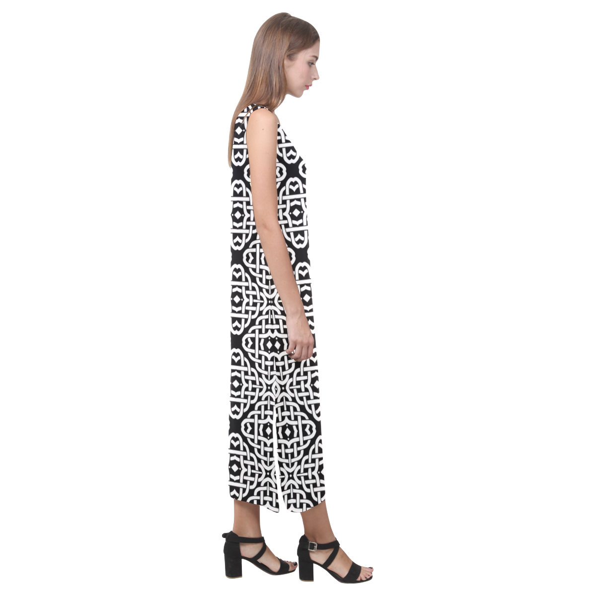 CELTIC KNOT pattern - black white Phaedra Sleeveless Open Fork Long Dress (Model D08)