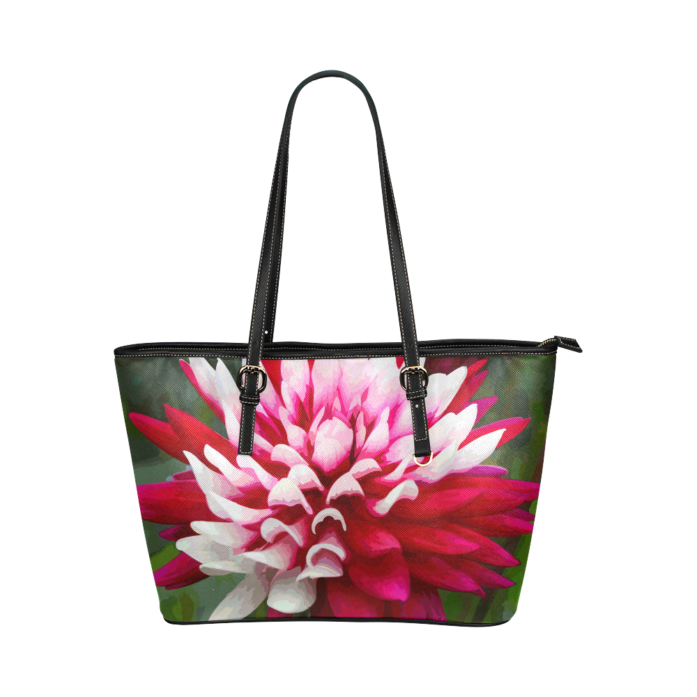 Red White Dahlia Floral Leather Tote Bag/Small (Model 1651)