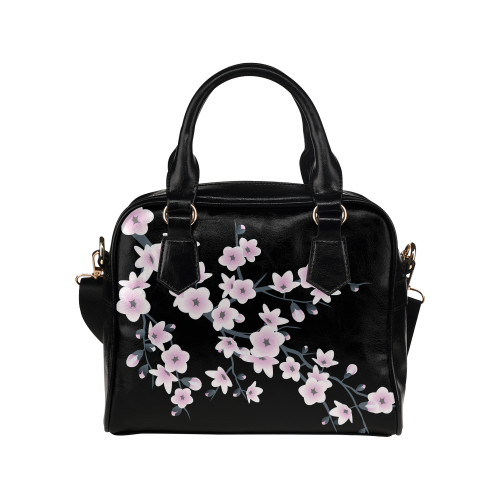 Cherry Blossoms Sakura Floral Black Pink Shoulder Handbag (Model 1634)