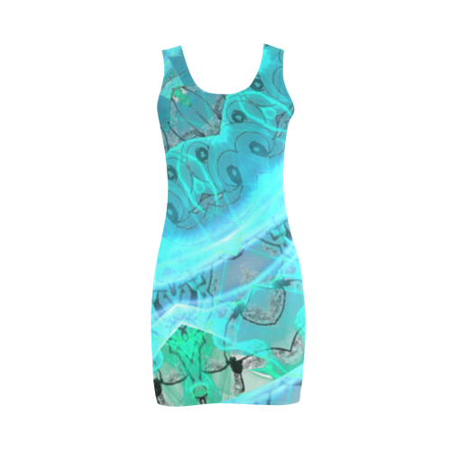 Teal Cyan Ocean Abstract Modern Lace Lattice Medea Vest Dress (Model D06)