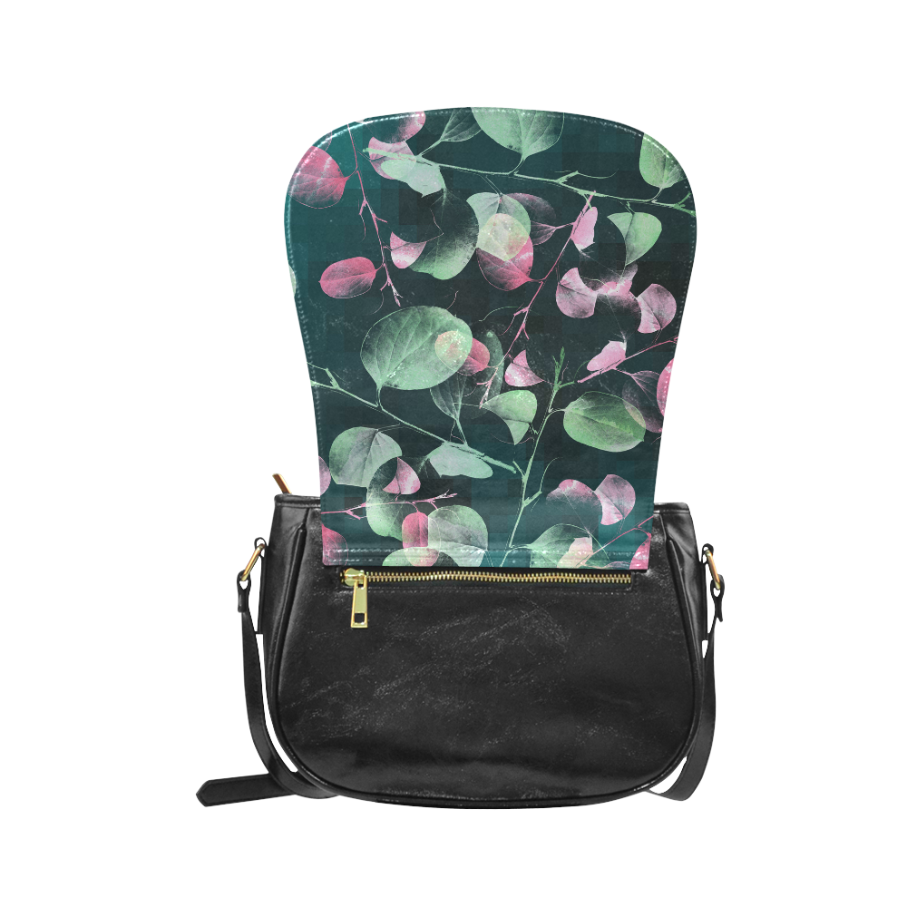 Modern Green and Pink Leaves Classic Saddle Bag/Large (Model 1648)