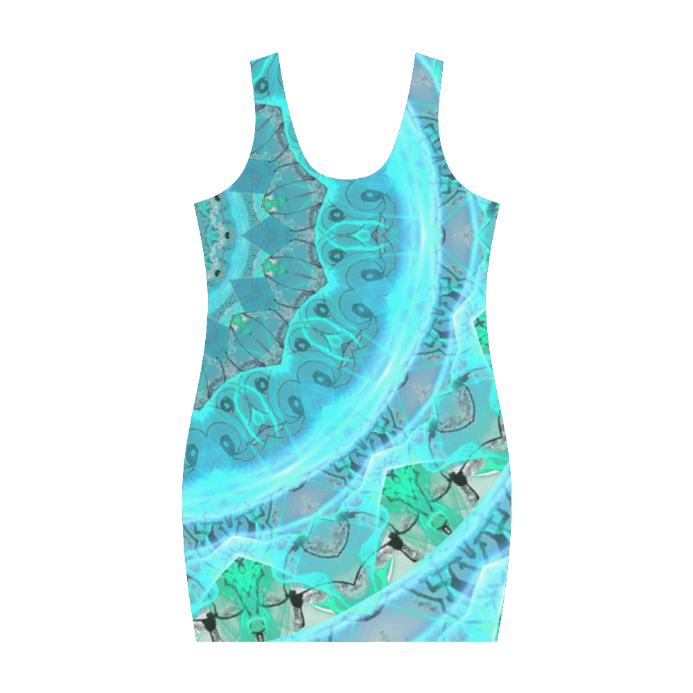 Teal Cyan Ocean Abstract Modern Lace Lattice Medea Vest Dress (Model D06)