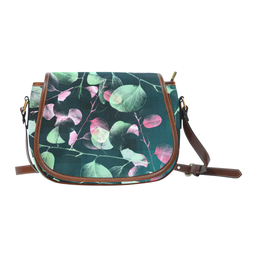 Modern Green and Pink Leaves Saddle Bag/Large (Model 1649)