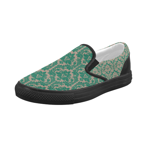 autumn fall colors green beige damask Women's Slip-on Canvas Shoes (Model 019)