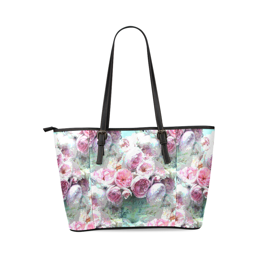 PIink Flowers Leather Tote Bag/Large (Model 1640) | ID: D594618