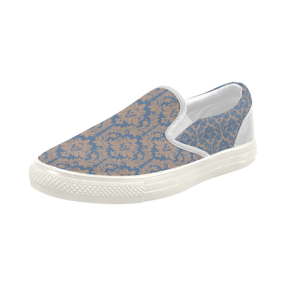 autumn fall colors beige blue damask Women's Slip-on Canvas Shoes (Model 019)