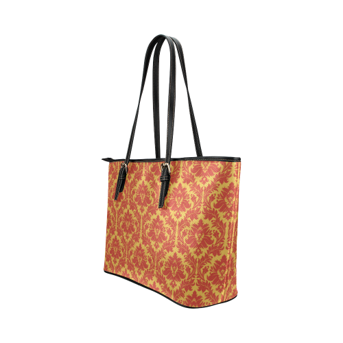 autumn fall colors yellow red damask pattern Leather Tote Bag/Large (Model 1651)