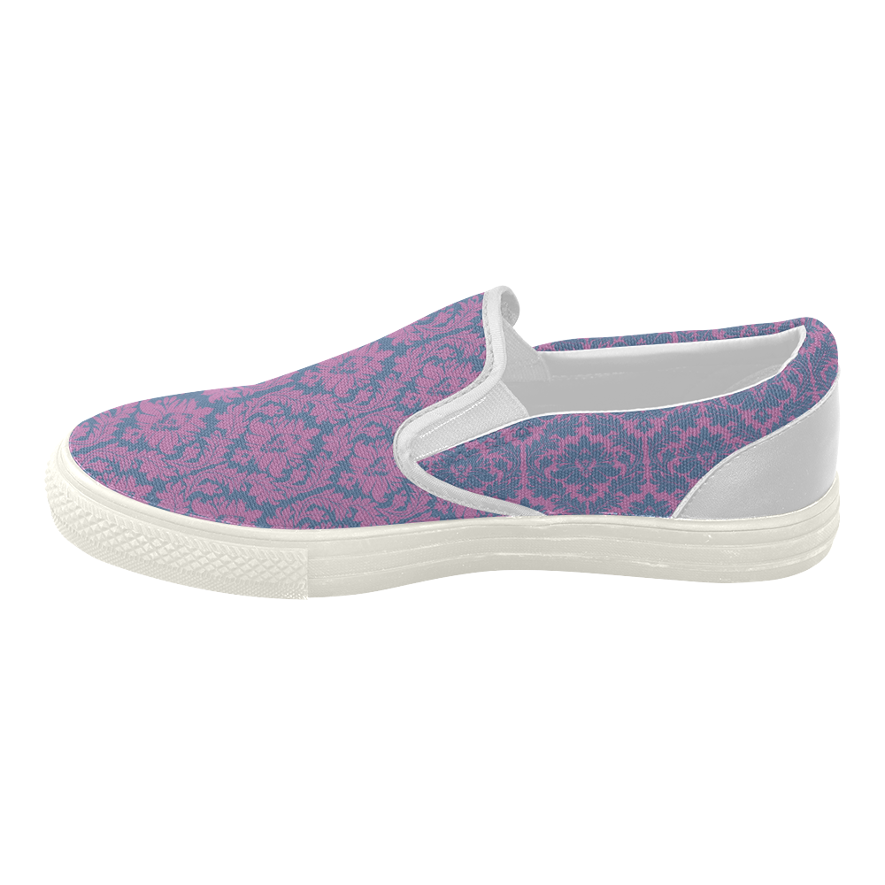 autumn fall colors pink blue damask pattern Women's Slip-on Canvas Shoes (Model 019)