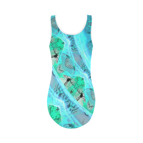 Teal Cyan Ocean Abstract Modern Lace Lattice Vest One Piece Swimsuit (Model S04)