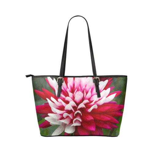 Red White Dahlia Floral Leather Tote Bag/Small (Model 1651)