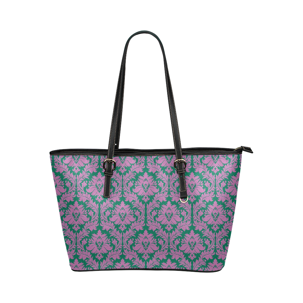 autumn fall colors purple green damask Leather Tote Bag/Small (Model 1651)