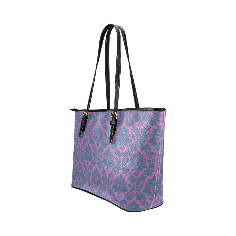 autumn fall colors pink blue damask pattern Leather Tote Bag/Small (Model 1651)