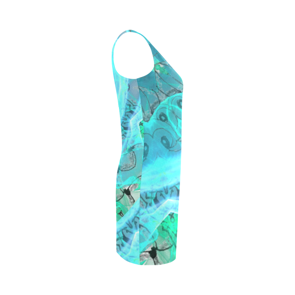 Teal Cyan Ocean Abstract Modern Lace Lattice Medea Vest Dress (Model D06)