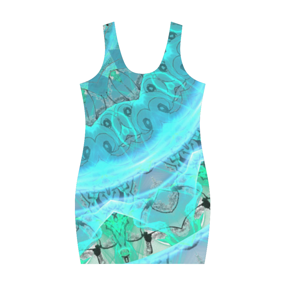 Teal Cyan Ocean Abstract Modern Lace Lattice Medea Vest Dress (Model D06)