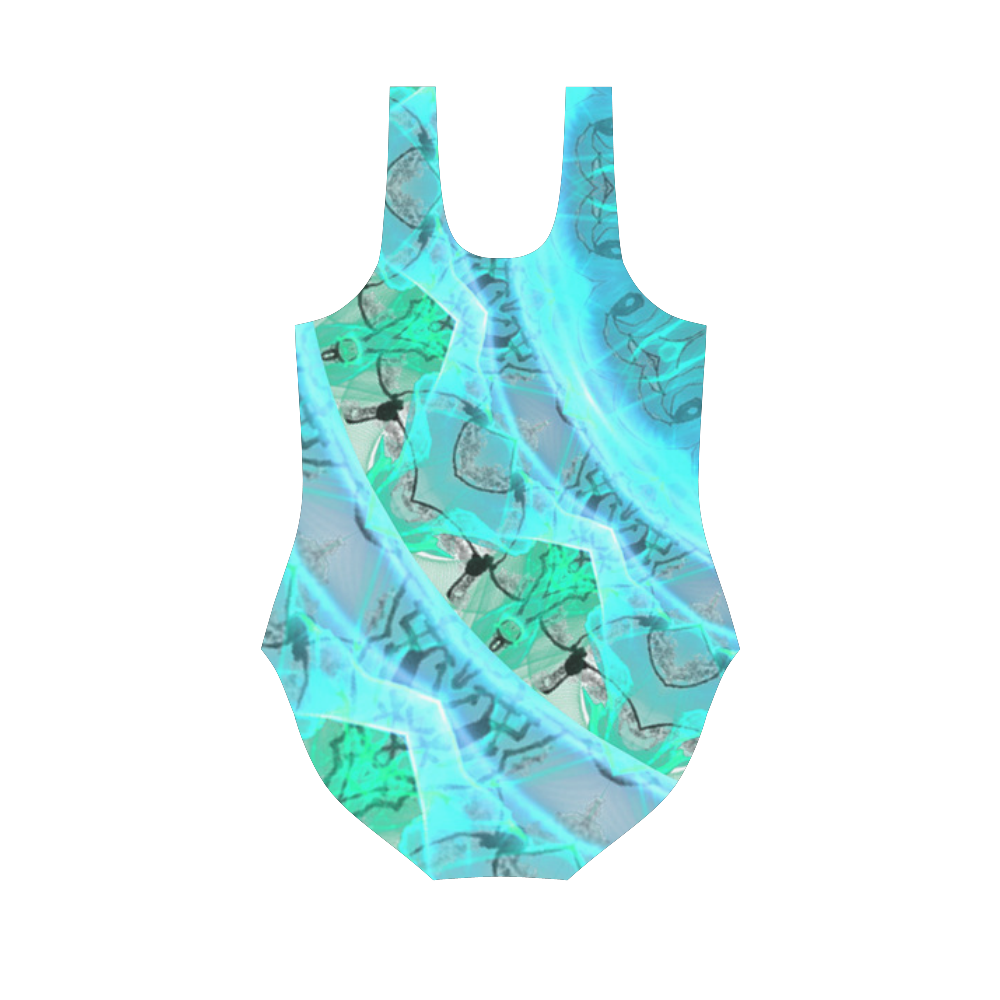 Teal Cyan Ocean Abstract Modern Lace Lattice Vest One Piece Swimsuit (Model S04)