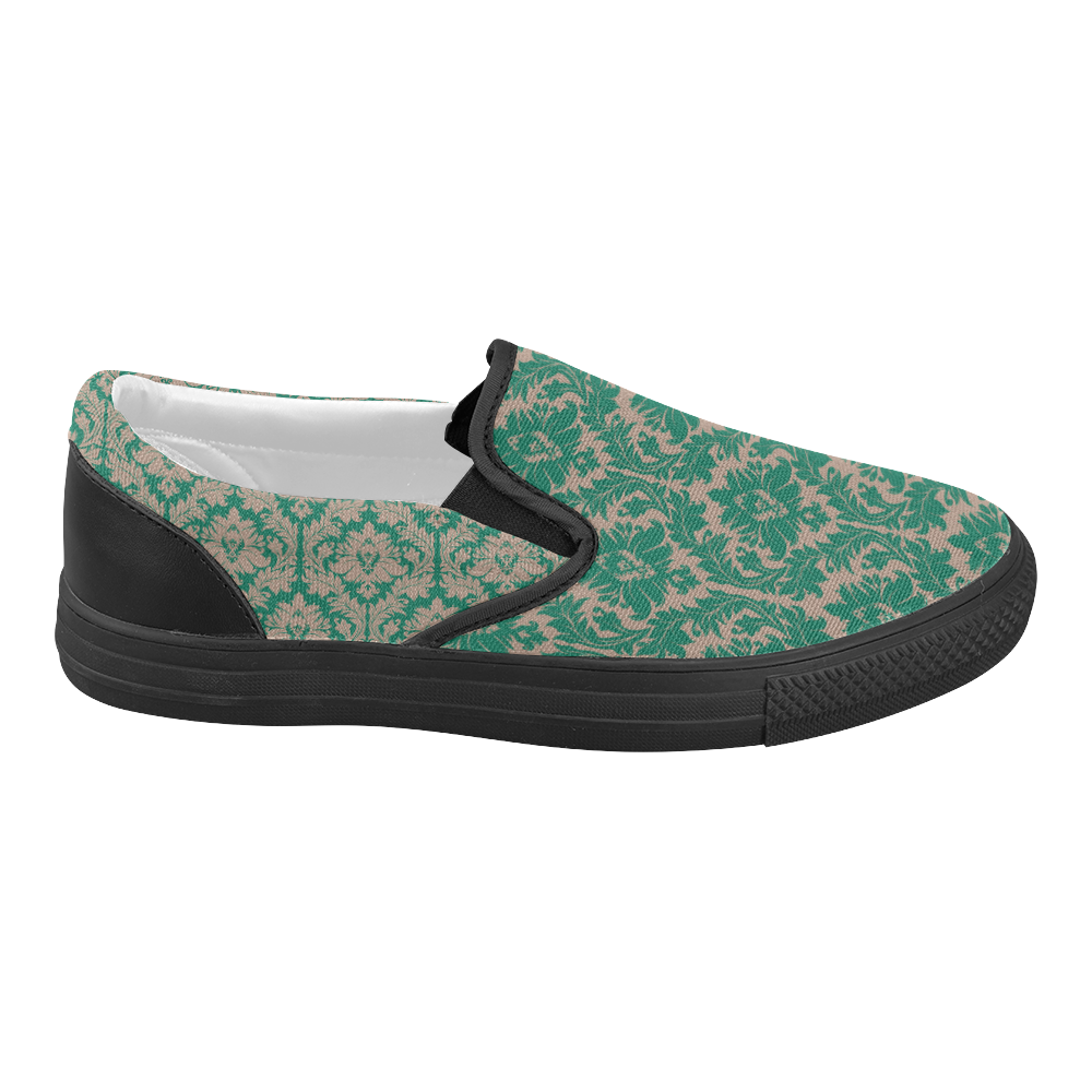 autumn fall colors green beige damask Women's Slip-on Canvas Shoes (Model 019)