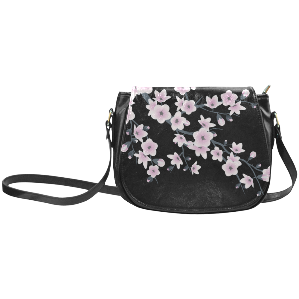 Cherry Blossoms Sakura Floral Pink Black Classic Saddle Bag/Large (Model 1648)