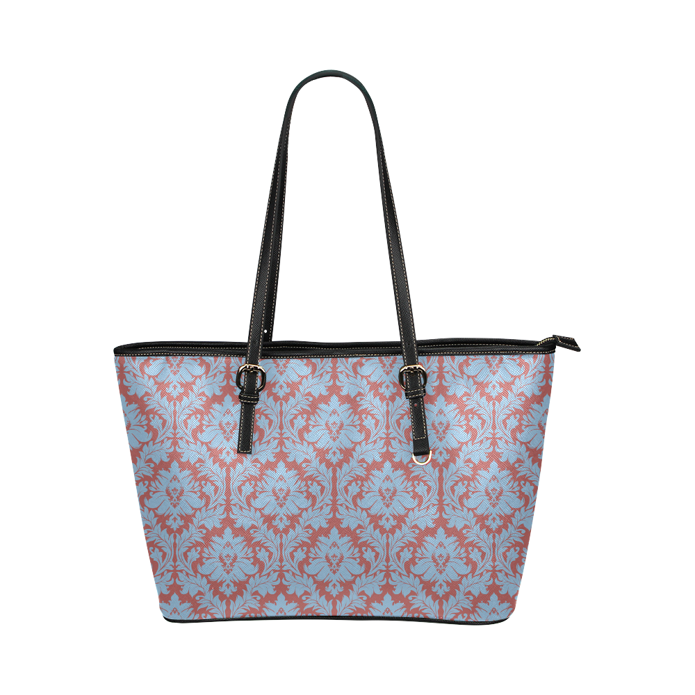 autumn fall pink red blue damask pattern Leather Tote Bag/Small (Model 1651)