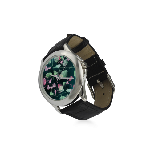 Modern Green and Pink Leaves Women's Classic Leather Strap Watch(Model 203)