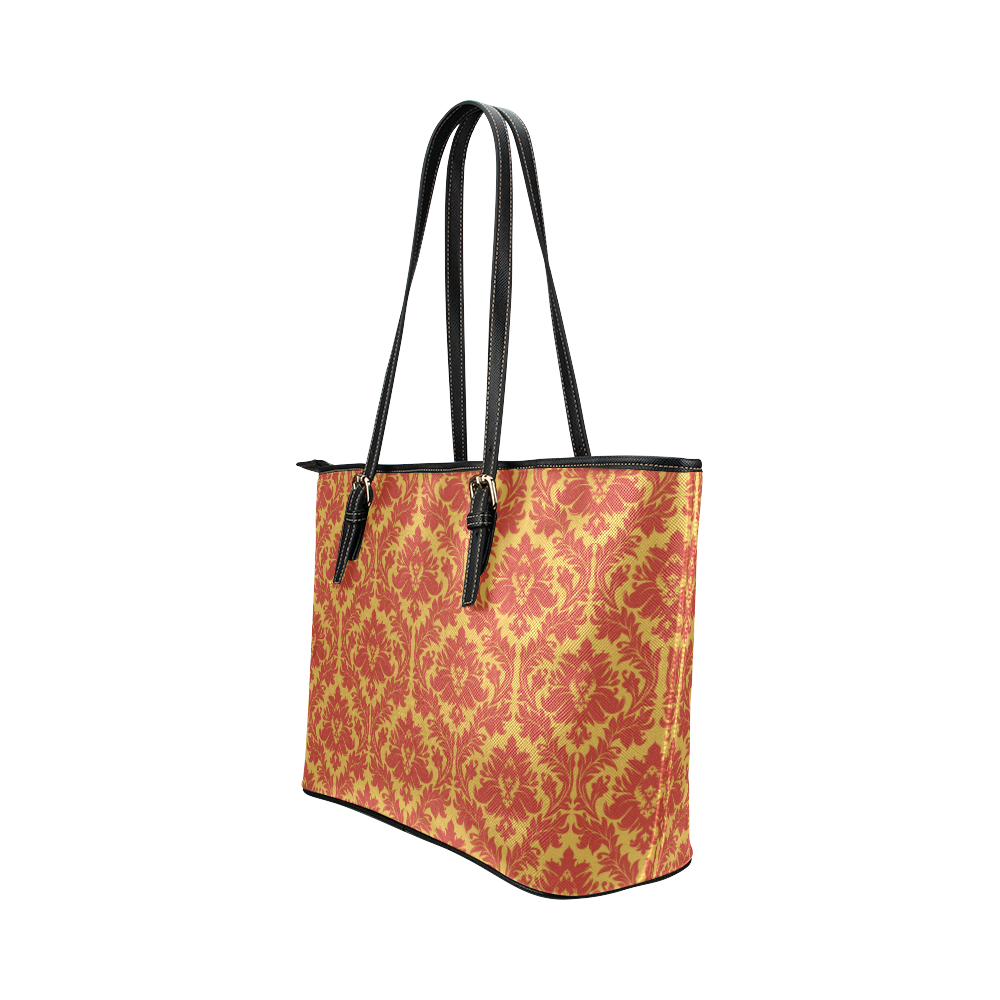 autumn fall colors yellow red damask pattern Leather Tote Bag/Small (Model 1651)