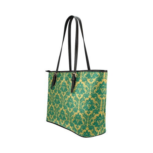 autumn fall green mustard yellow damask Leather Tote Bag/Small (Model 1651)