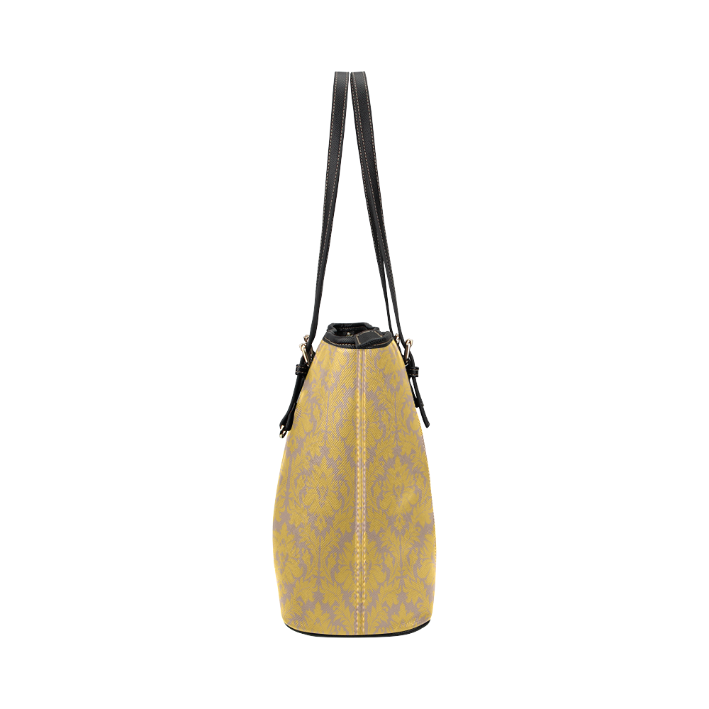 autumn fall colors yellow beige damask Leather Tote Bag/Small (Model 1651)