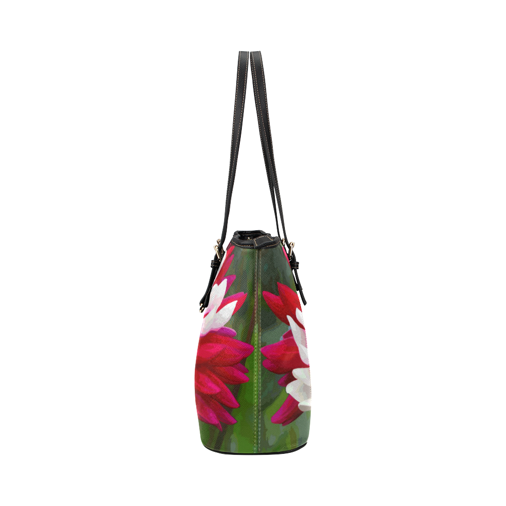 Red White Dahlia Floral Leather Tote Bag/Large (Model 1651)