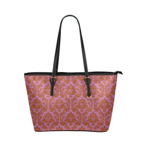 autumn fall colors pink red damask Leather Tote Bag/Small (Model 1651)