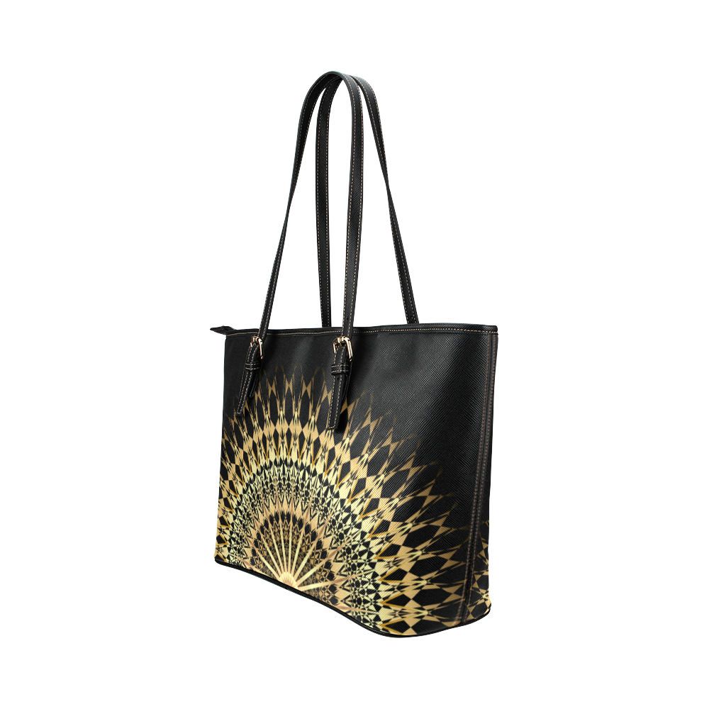 Gold Black Mandala Elegant Leather Tote Bag/Large (Model 1651)