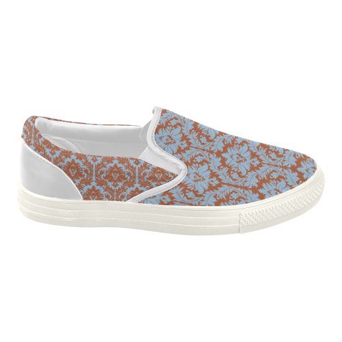 autumn fall color brick red blue damask Women's Slip-on Canvas Shoes (Model 019)