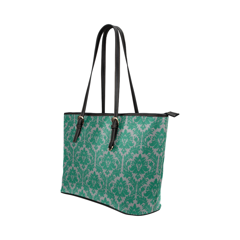 autumn fall colors green grey damask Leather Tote Bag/Small (Model 1651)