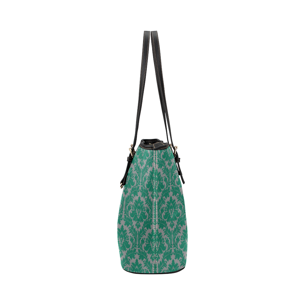 autumn fall colors green grey damask Leather Tote Bag/Small (Model 1651)
