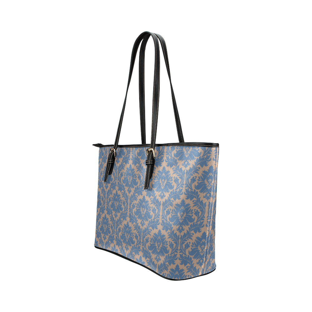 autumn fall colors beige blue damask Leather Tote Bag/Small (Model 1651)