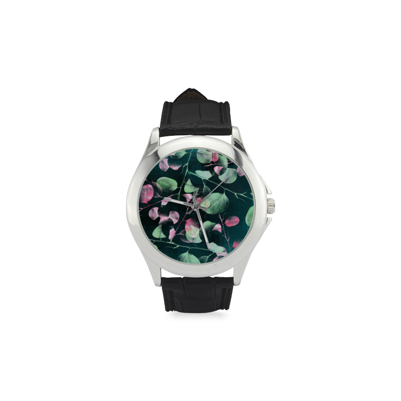 Modern Green and Pink Leaves Women's Classic Leather Strap Watch(Model 203)