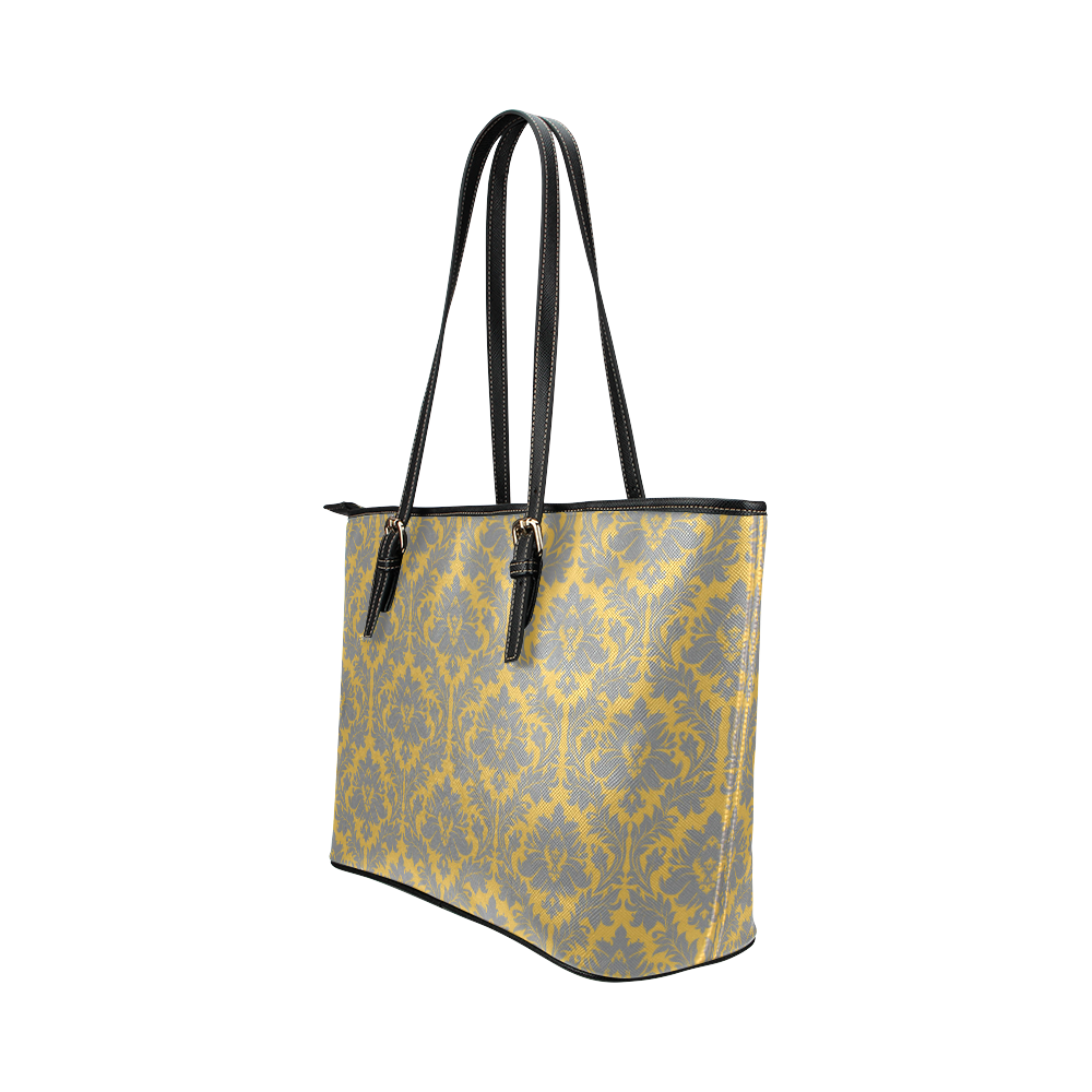 autumn fall mustard yellow grey damask Leather Tote Bag/Small (Model 1651)