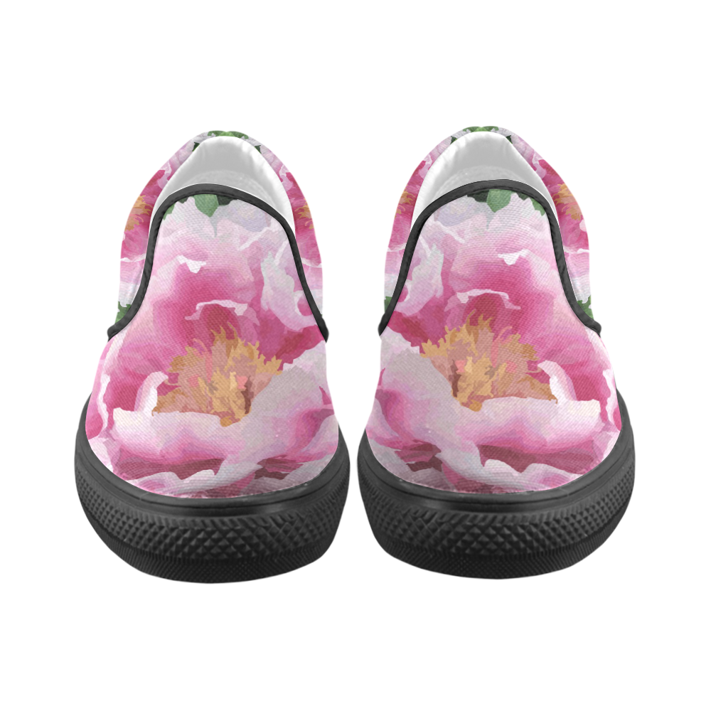 Pink Peony Floral Women's Unusual Slip-on Canvas Shoes (Model 019)