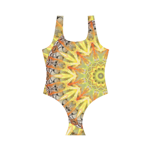 Golden Feathers Orange Flames Abstract Lattice Vest One Piece Swimsuit (Model S04)