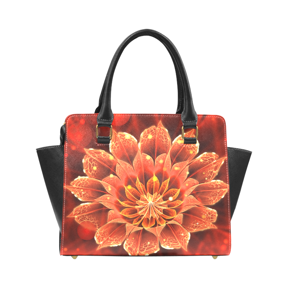 Riveted Should Handbag - Red Dahlia Fractal Flower with Beautiful Bokeh Rivet Shoulder Handbag (Model 1645)