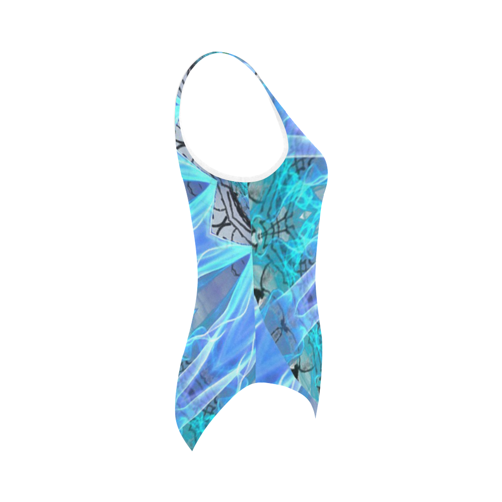 Sapphire Ice Flame, Cyan Blue Crystal Wheel Vest One Piece Swimsuit (Model S04)