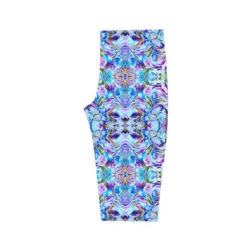 Elegant Turquoise Blue Flower Pattern Hestia Cropped Leggings (Model L03)