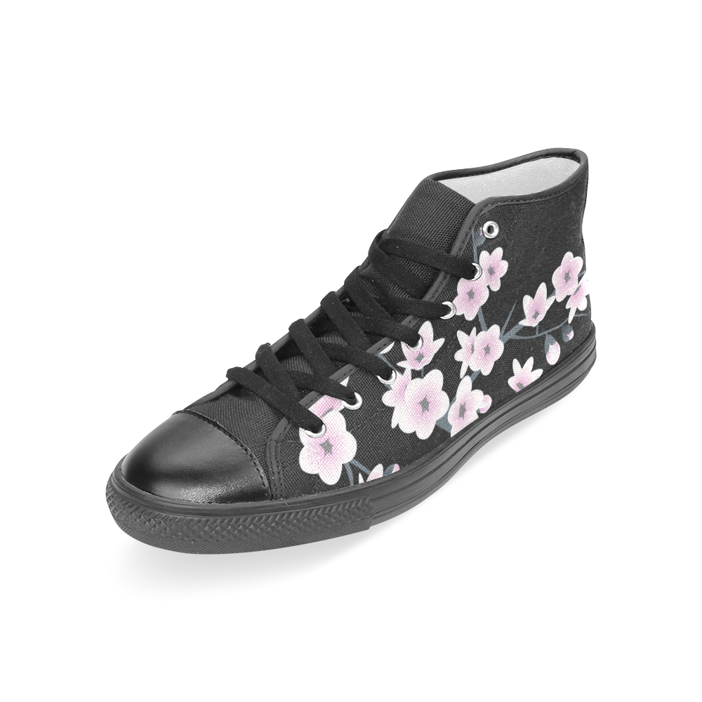 Cherry Blossoms Black Pink Asia Floral Women's Classic High Top Canvas Shoes (Model 017)