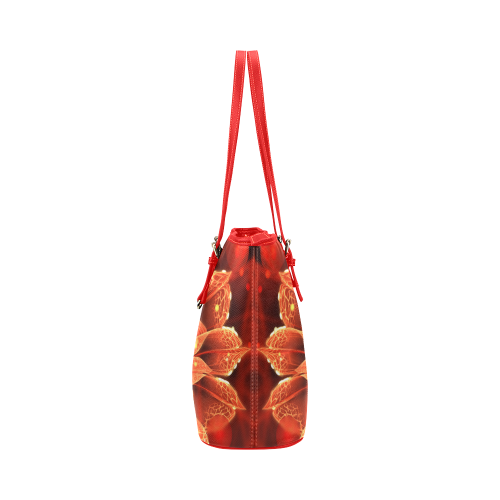 Sm Red Leather Tote - Red Dahlia Fractal Flower with Beautiful Bokeh Leather Tote Bag/Small (Model 1651)
