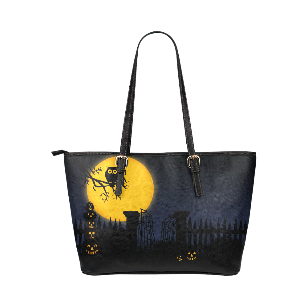 Happy Halloween with  a owl in the night Leather Tote Bag/Large (Model 1651)