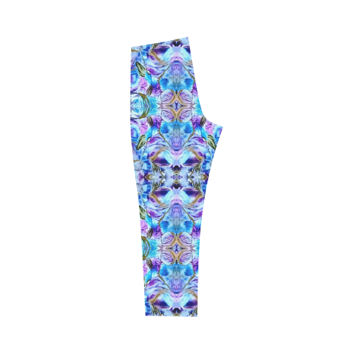 Elegant Turquoise Blue Flower Pattern Capri Legging (Model L02)