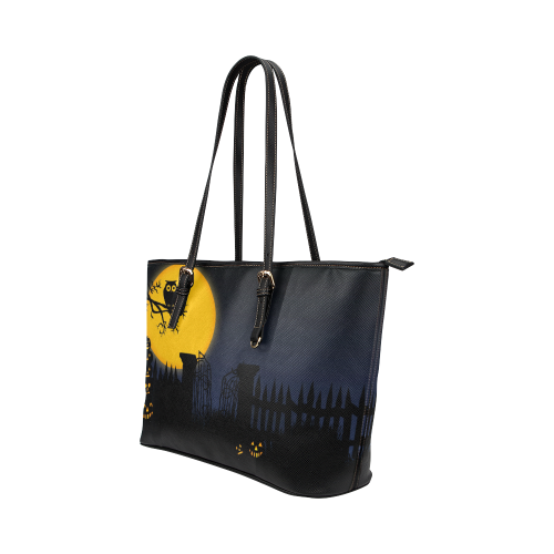 Happy Halloween with  a owl in the night Leather Tote Bag/Small (Model 1651)