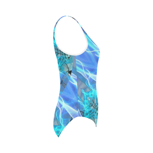 Sapphire Ice Flame, Cyan Blue Crystal Wheel Vest One Piece Swimsuit (Model S04)