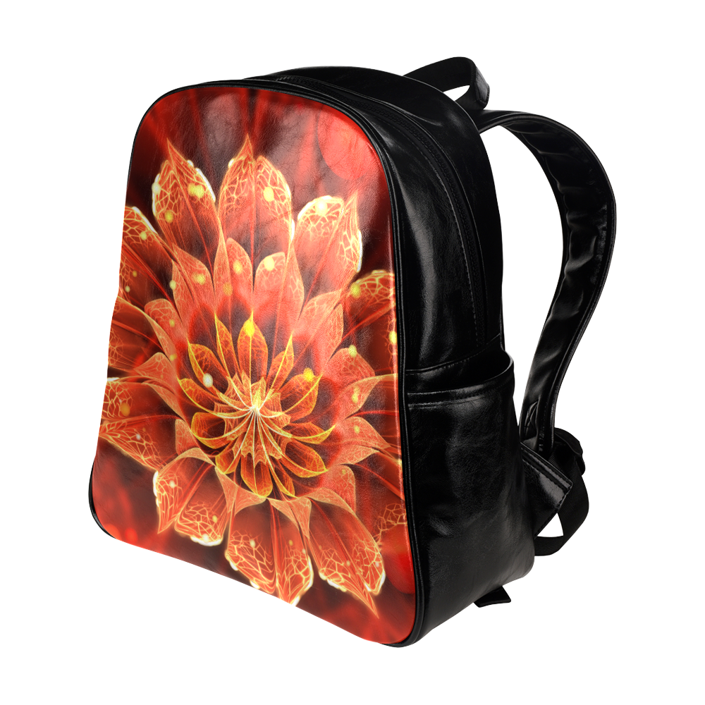Pocketed Black Backpack - Red Dahlia Fractal Flower with Beautiful Bokeh Multi-Pockets Backpack (Model 1636)